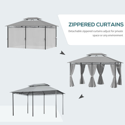 10' x 13' Patio Gazebo, 2-Tiers Outdoor Canopy Sunshade Shelter with Curtains, Dark Grey