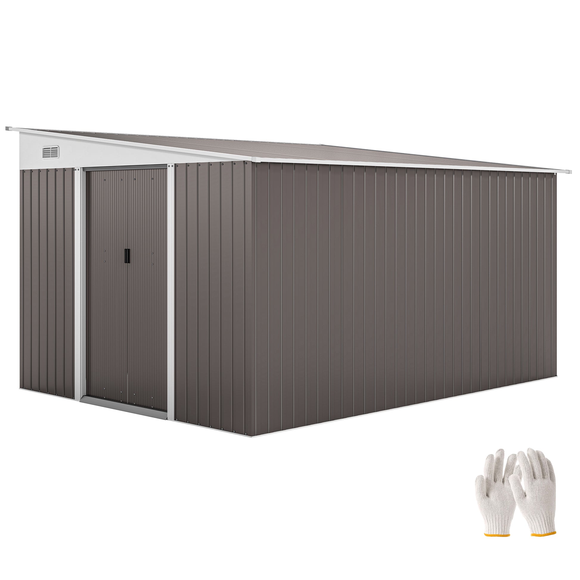 11' x 9' Steel Garden Storage Shed, Outdoor Metal Tool House with Double Sliding Doors & 2 Air Vents, Grey