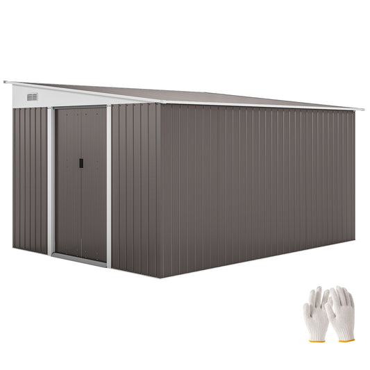 11' x 9' Steel Garden Storage Shed, Outdoor Metal Tool House with Double Sliding Doors & 2 Air Vents, Grey