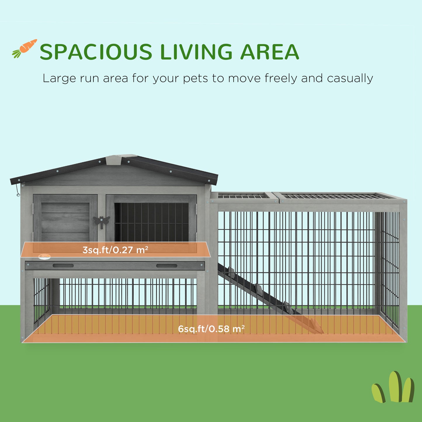 Wood Rabbit Hutch w/ Ramp, Openable Roof, Pull-out Tray, Light Grey