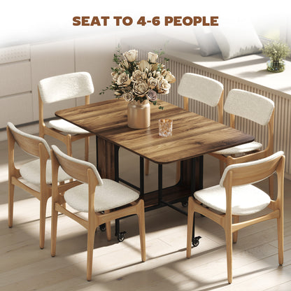 Folding Dining Table, Extendable Kitchen Table for Small Spaces with Storage Shelf and 6 Wheels, Brown Wood Grain