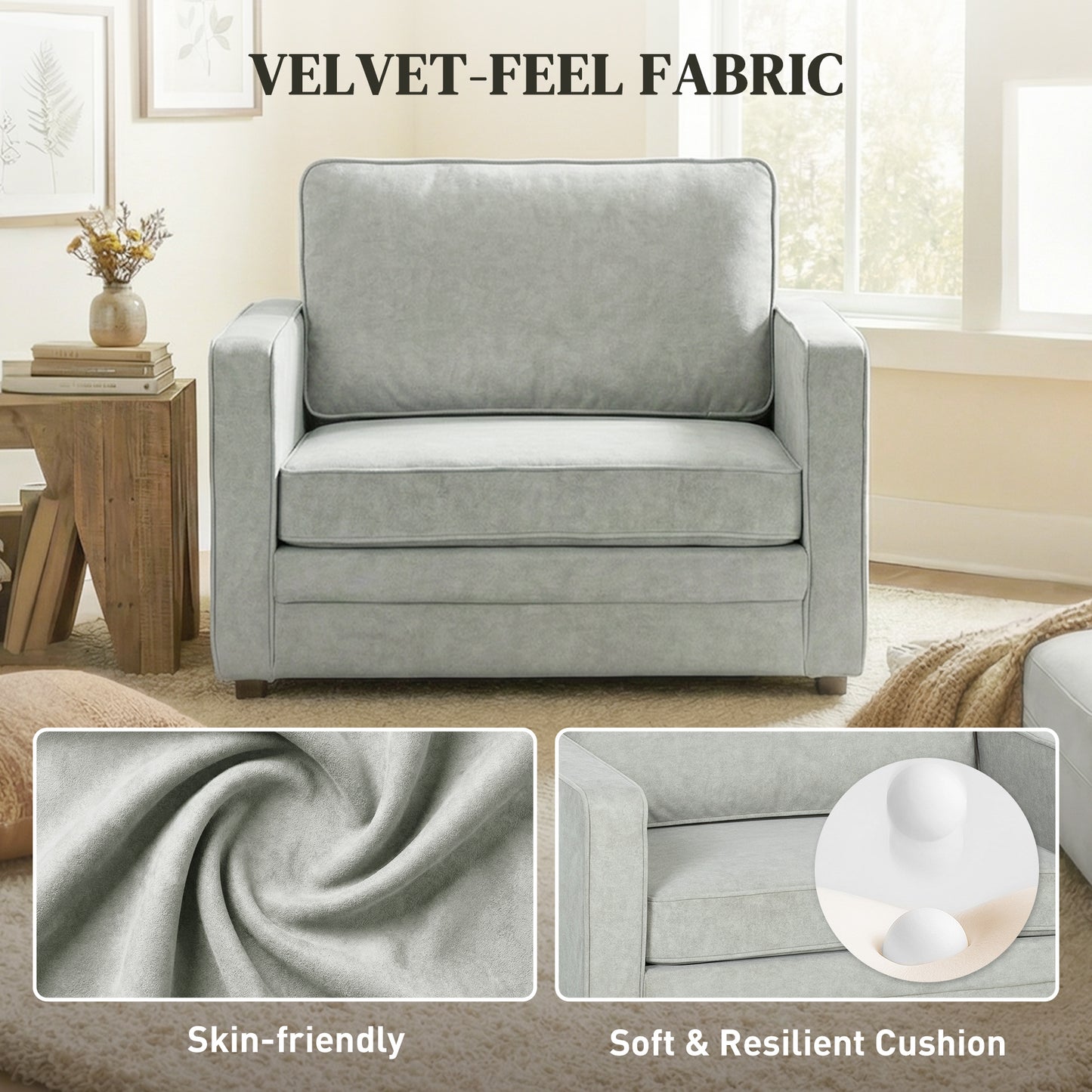 Accent Chair, Velvet-feel Fabric Armchair with Wide Seat, Spring Cushion, Solid Wood legs, Grey