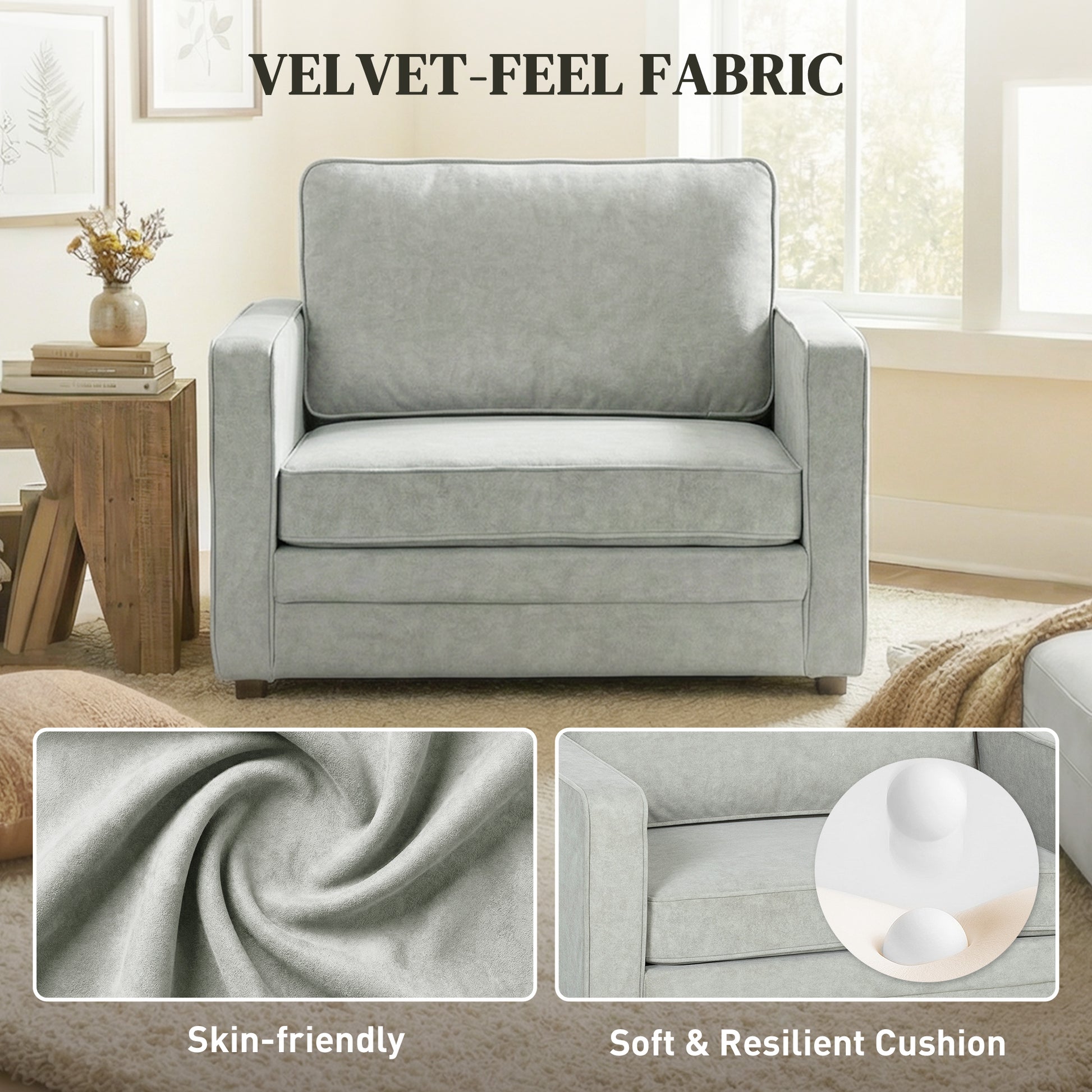 Accent Chair, Velvet-feel Fabric Armchair with Wide Seat, Spring Cushion, Solid Wood legs, Grey