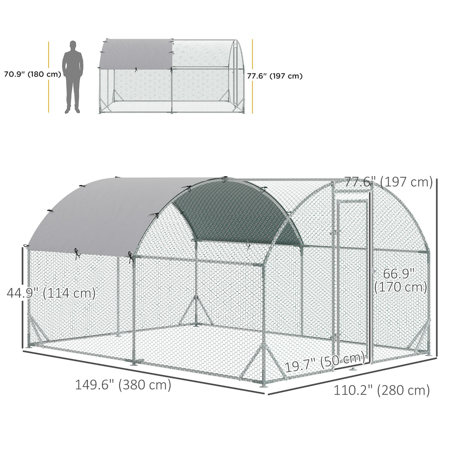 Galvanized Large Metal Chicken Coop Cage Walk-in Enclosure Poultry Hen Run House Playpen Rabbit Hutch with Cover for Outdoor Backyard 9.2' x 12.5' x 6.5' Silver