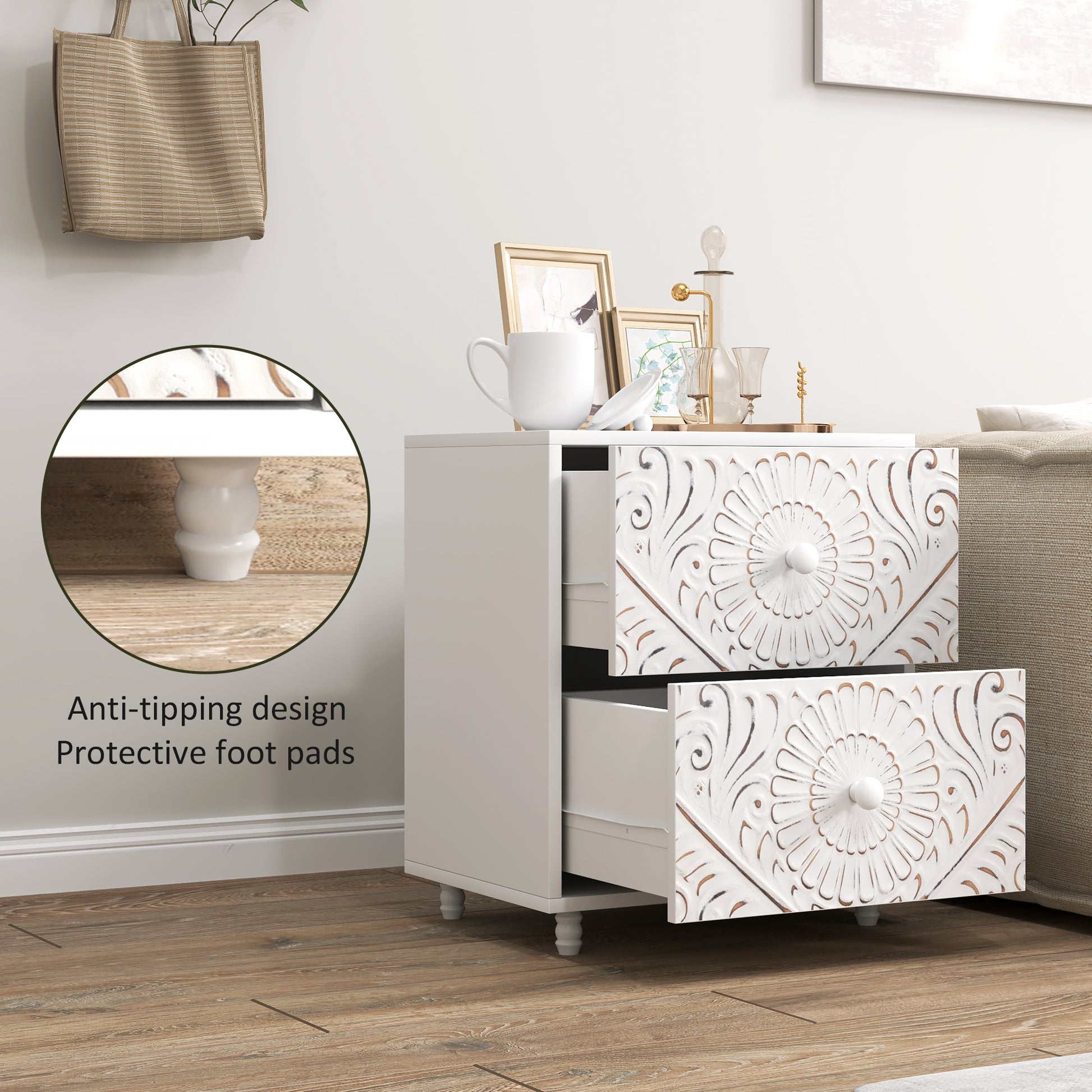 Mid-Century Bedside Table, Nightstand with 2 Drawers, Side End Table for Bedroom, White