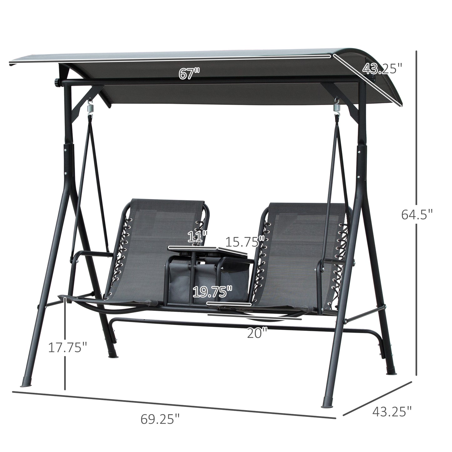 2 Person Covered Porch Swing Patio Swing with Pivot Storage Table, Cup Holder, & Adjustable Overhead Canopy, Grey