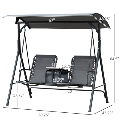 2 Person Covered Porch Swing Patio Swing with Pivot Storage Table, Cup Holder, & Adjustable Overhead Canopy, Grey