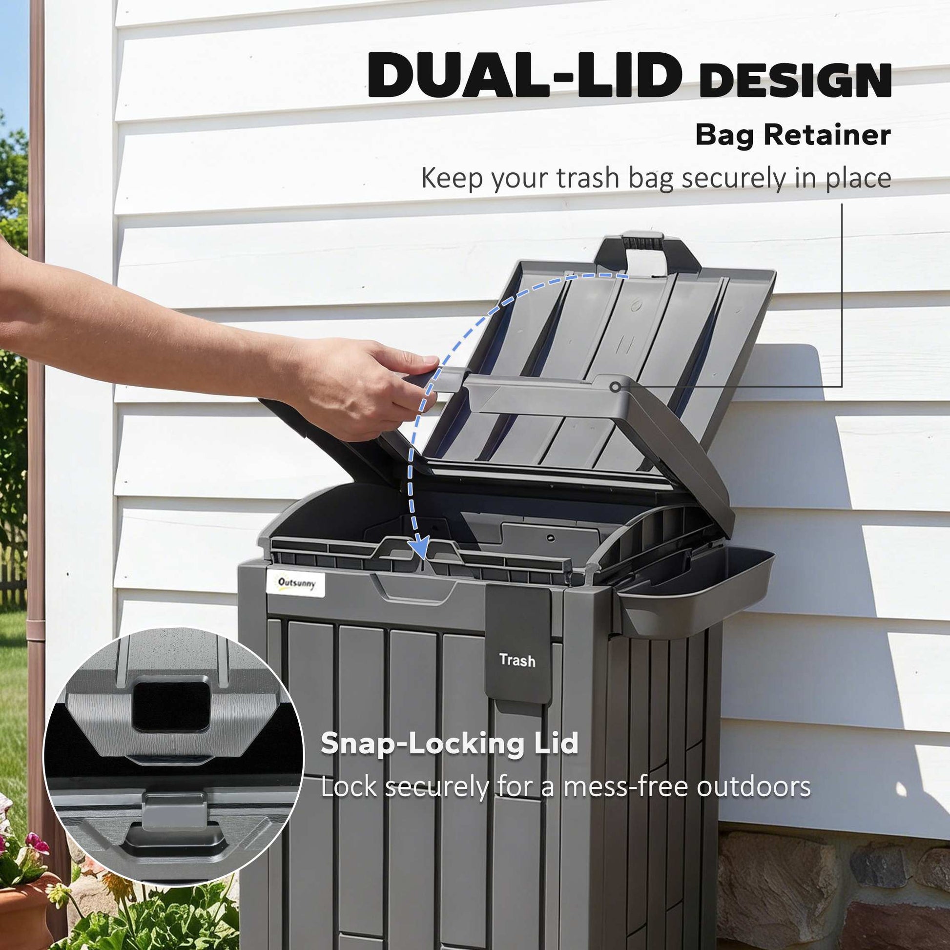 29 Gallon Outdoor Garbage Bin with Dual Lid, Plastic Outdoor Waste Trash Can with Side Holder and Drip Tray, Grey