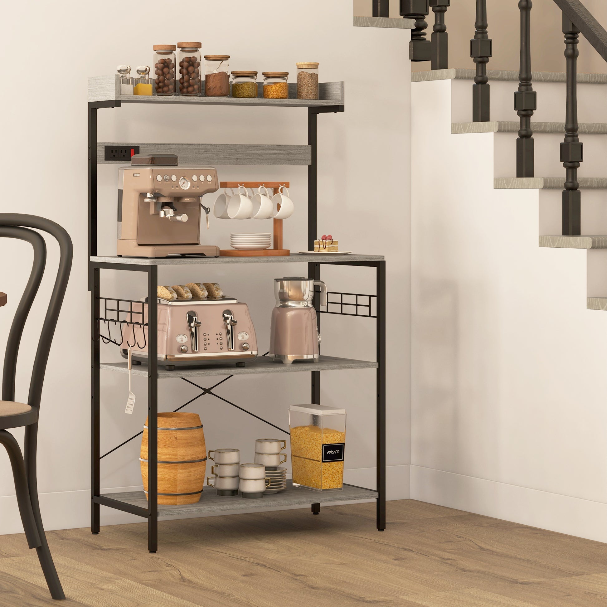 Kitchen Baker's Rack with Power Outlet, Coffee Bar Station with Adjustable Shelves and Hooks, Distressed Grey