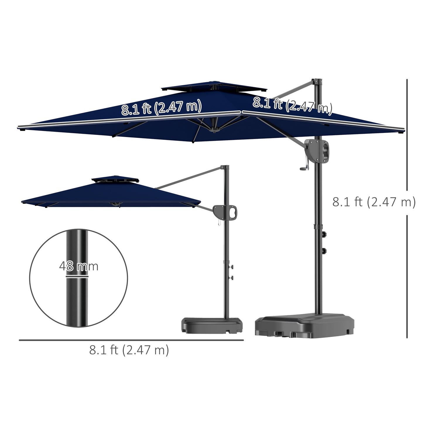 Square Cantilever Patio Umbrella, Double Top Patio Hanging Offset Umbrella with Crank & Tilt, 8' x 9', Dark Blue