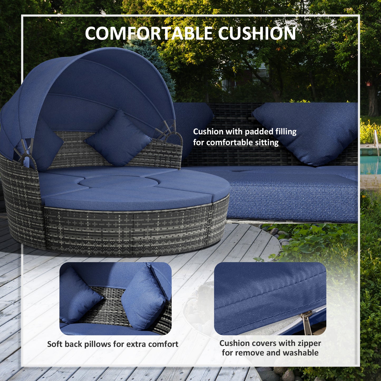 4 Pieces Outdoor Daybed with Retractable Canopy, Wicker Round Sofa Day Bed, Conversation Furniture Set, Dark Blue