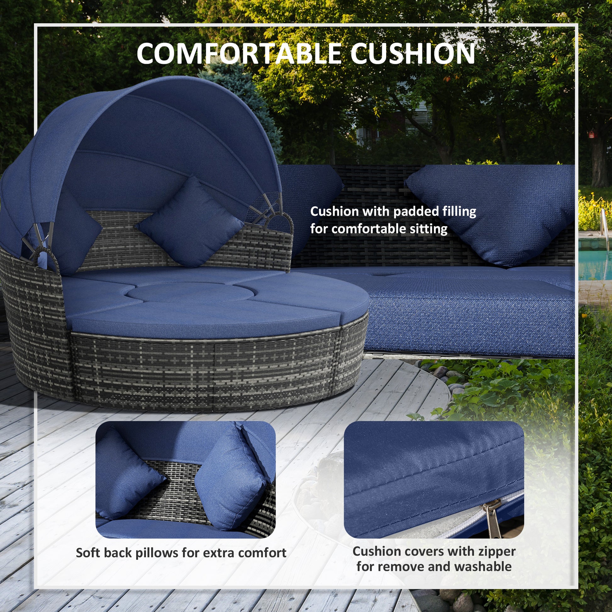 4 Pieces Outdoor Daybed with Retractable Canopy, Wicker Round Sofa Day Bed, Conversation Furniture Set, Dark Blue