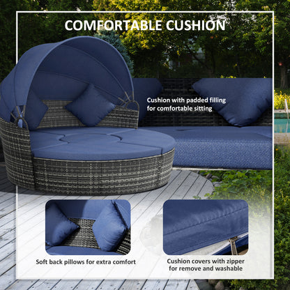 4 Pieces Outdoor Daybed with Retractable Canopy, Wicker Round Sofa Day Bed, Conversation Furniture Set, Dark Blue