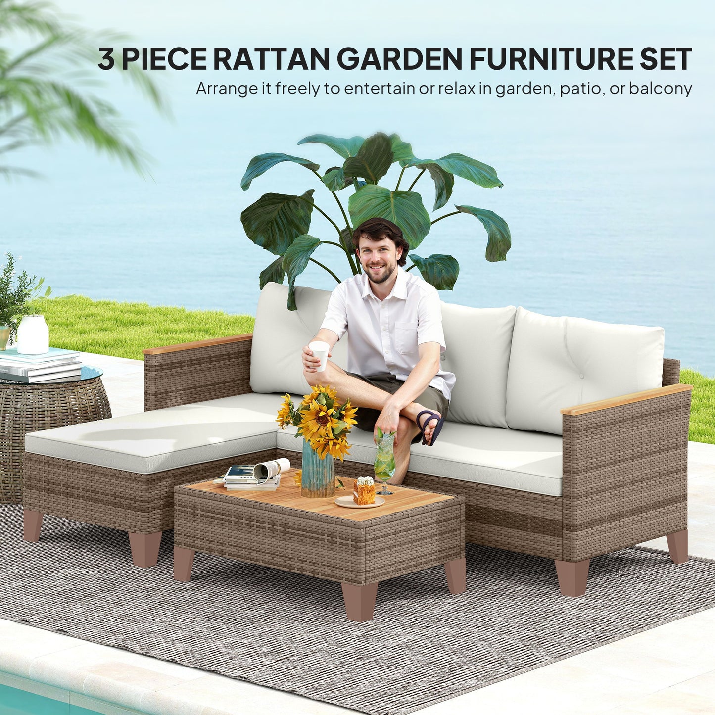 3 Piece Patio Furniture Set, L-Shaped Outdoor Furniture Conversation Set with Wood Top Coffee Table, Cream