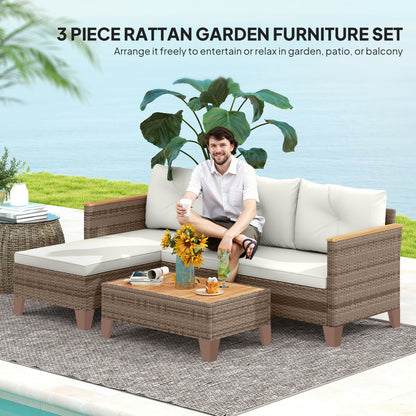 3 Piece Patio Furniture Set, L-Shaped Outdoor Furniture Conversation Set with Wood Top Coffee Table, Cream