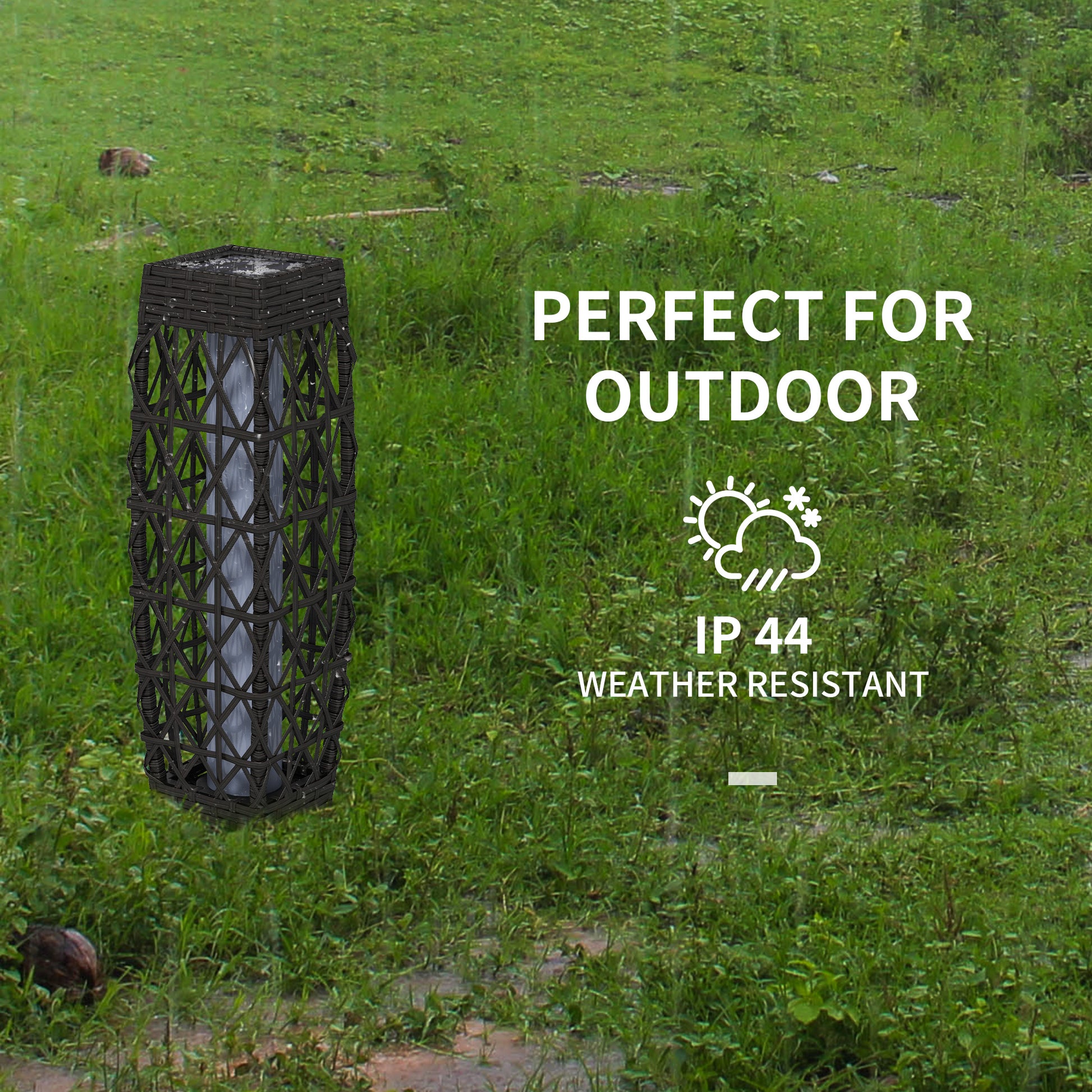 Wicker Outdoor Floor Lamp, Decorative Solar Lantern with Auto On/Off LED Lights, IP44 for Patio, Porch, Pathway, Grey