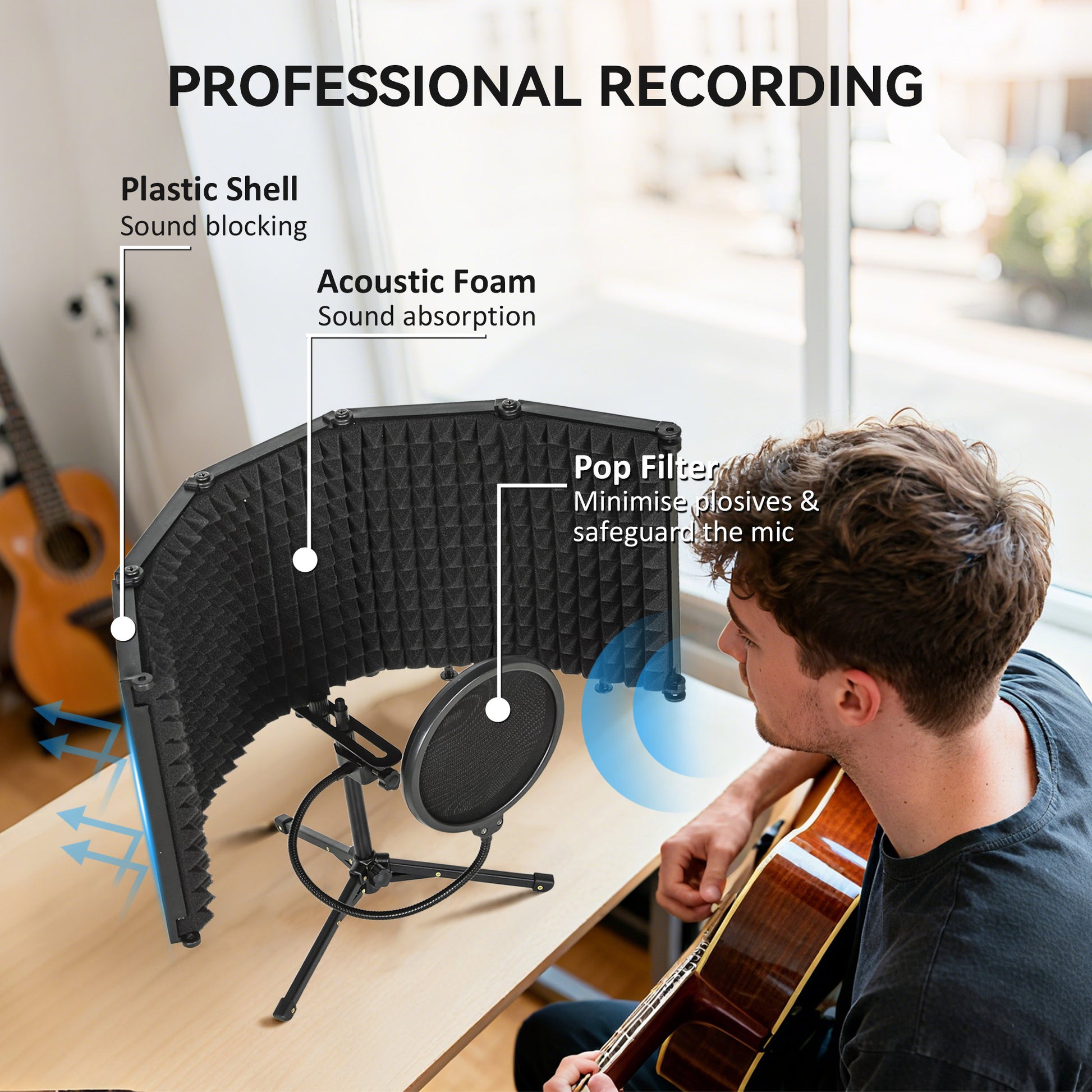Foldable Studio Recording Microphone Isolation Shield with Pop Filter, Stand, 3/8" Threaded Mount, Black