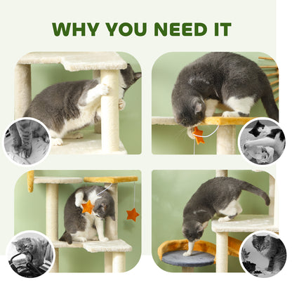 Star and Moon Themed Cat Tree with Cat Scratching Posts, Cat Condo, Bed, Scratching Board, Cat Toys, Beige