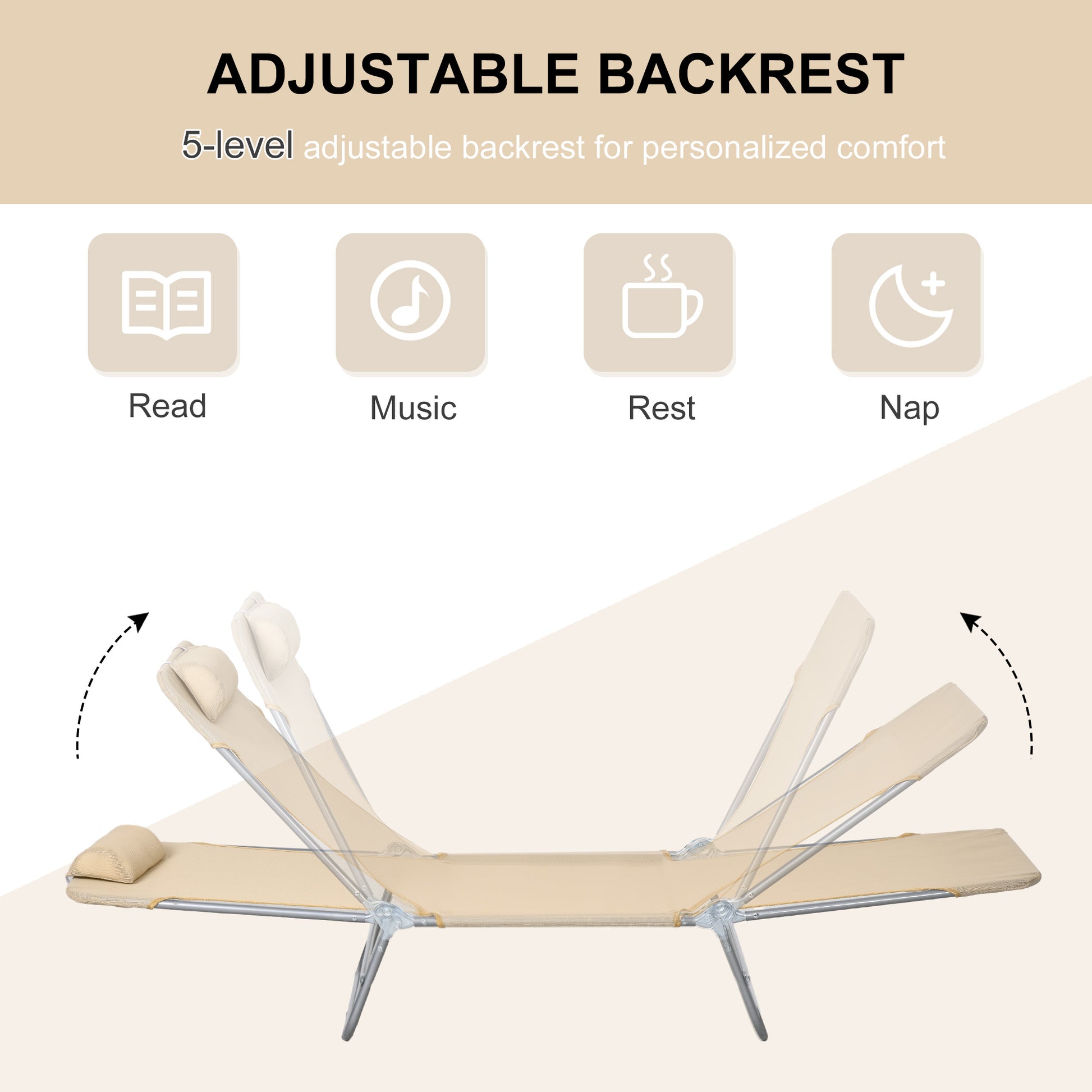 Folding Outdoor Lounge Chair Set of 2, Reclining Tanning Chair with 5-Position Adjustable Backrest, Brown
