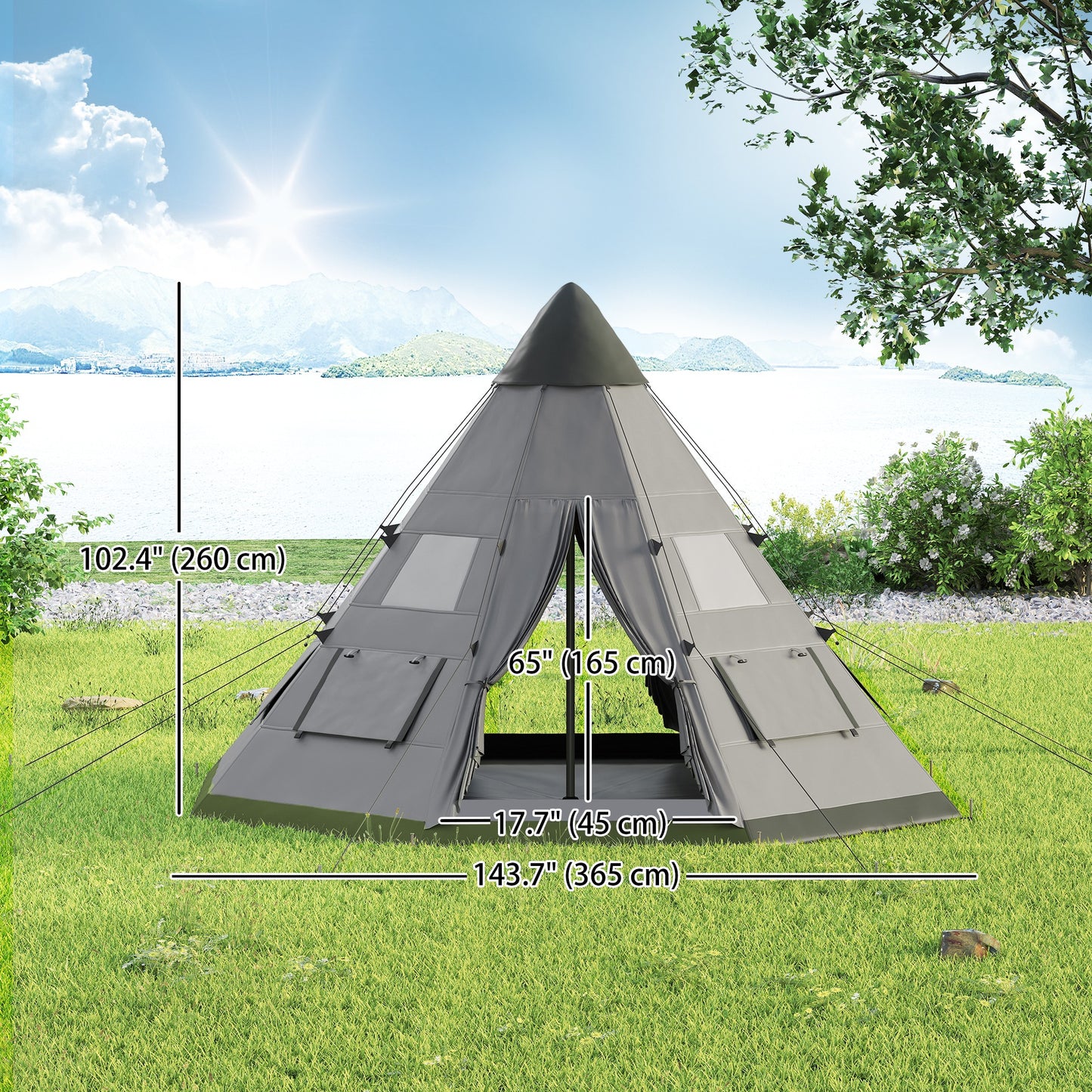 6 People Camping in a Family Teepee Tent with Mesh Windows, Tent Floor, Door and Carry Bag for Hiking, Picnic, Grey
