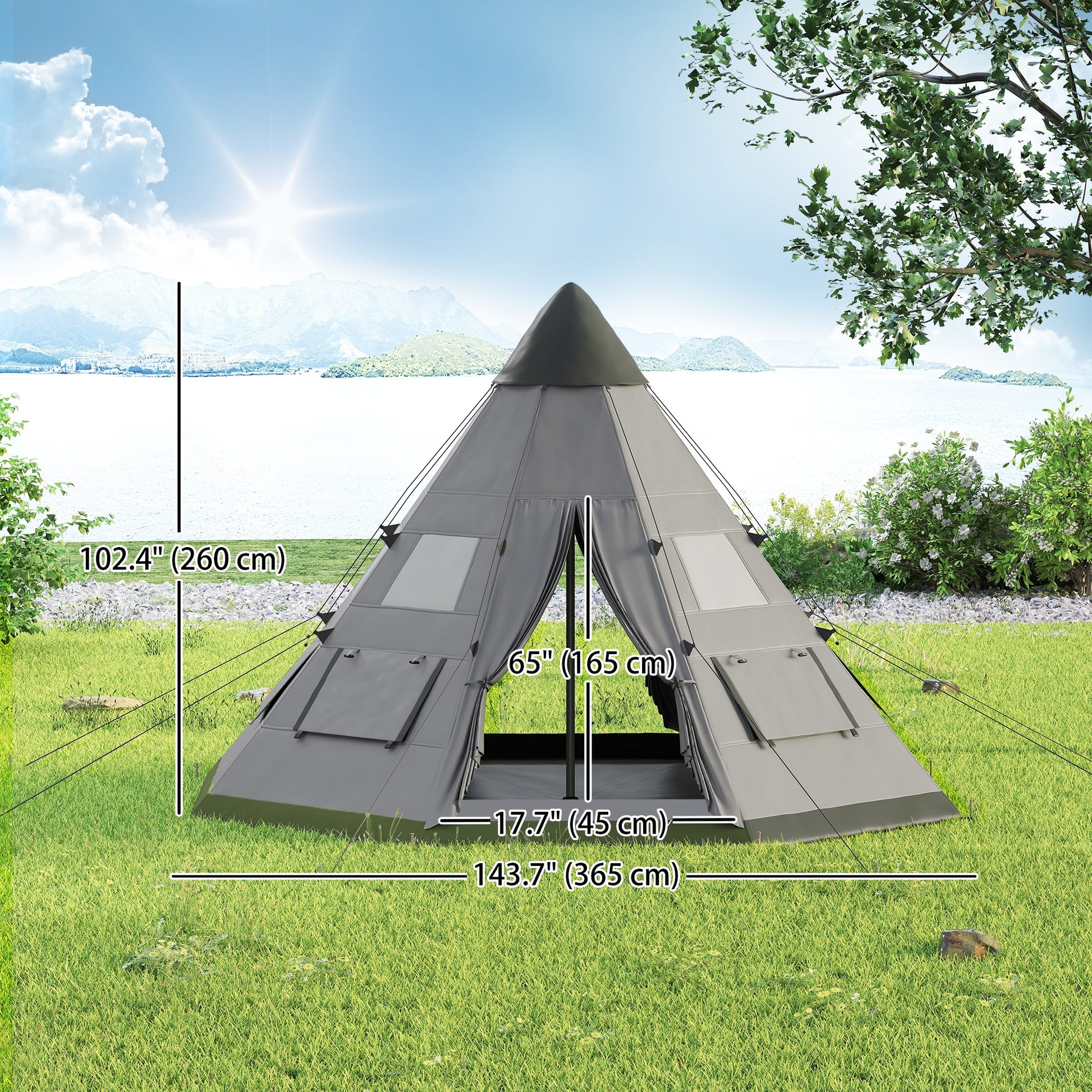 6 People Camping in a Family Teepee Tent with Mesh Windows, Tent Floor, Door and Carry Bag for Hiking, Picnic, Grey