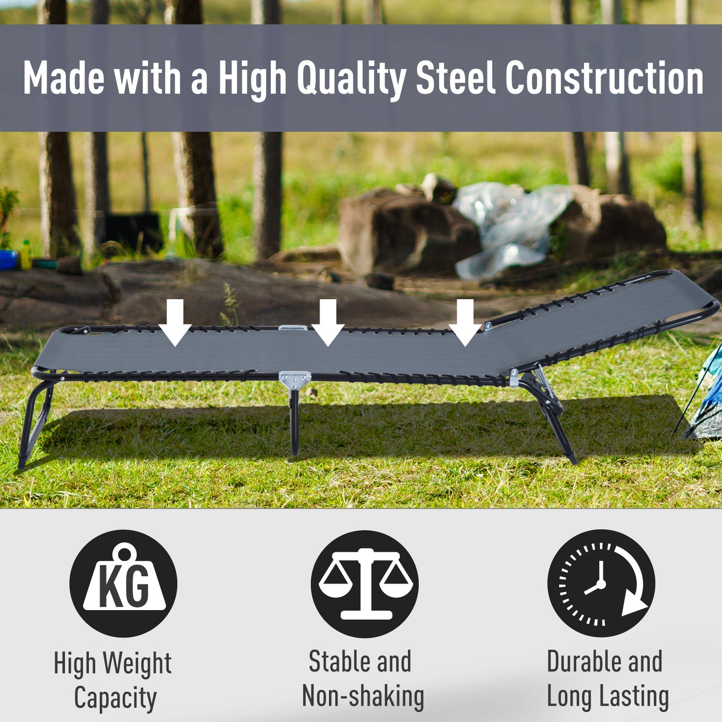 Outdoor Folding Lounge Chair, 4-Level Adjustable Chaise Lounge with Headrest, Tanning Chair Beach Bed, Reclining Lounger Cot for Camping, Hiking, Backyard, Grey