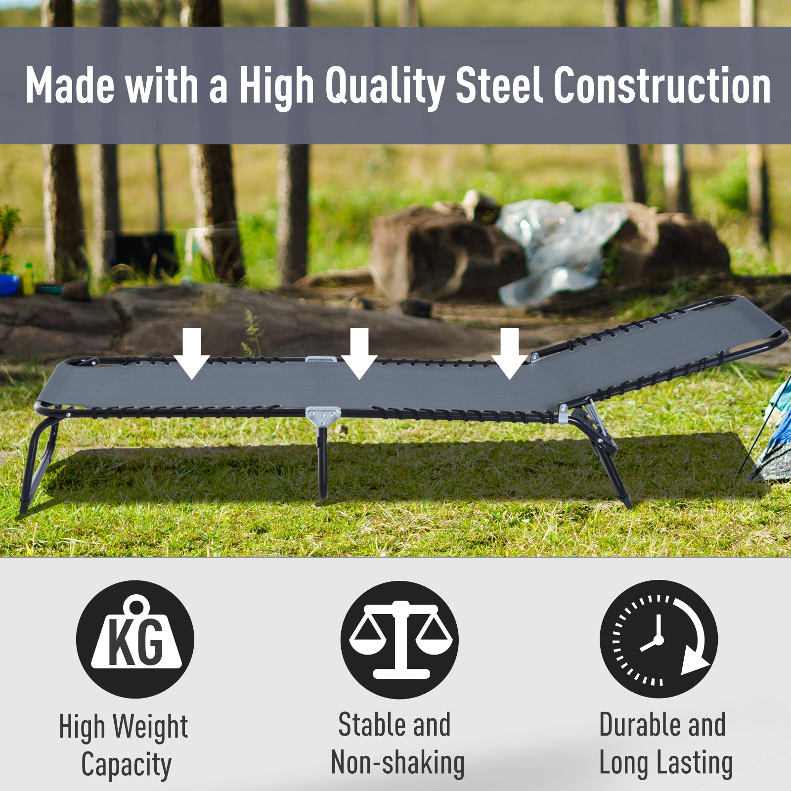 Outdoor Folding Lounge Chair, 4-Level Adjustable Chaise Lounge with Headrest, Tanning Chair Beach Bed, Reclining Lounger Cot for Camping, Hiking, Backyard, Grey
