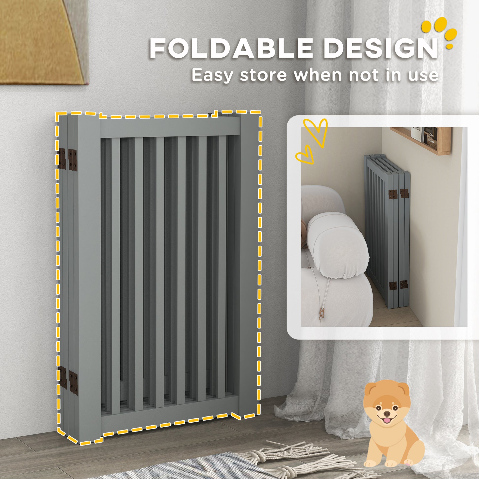 4 Panel Free Standing Wooden Pet Gate with Open Door Light Grey