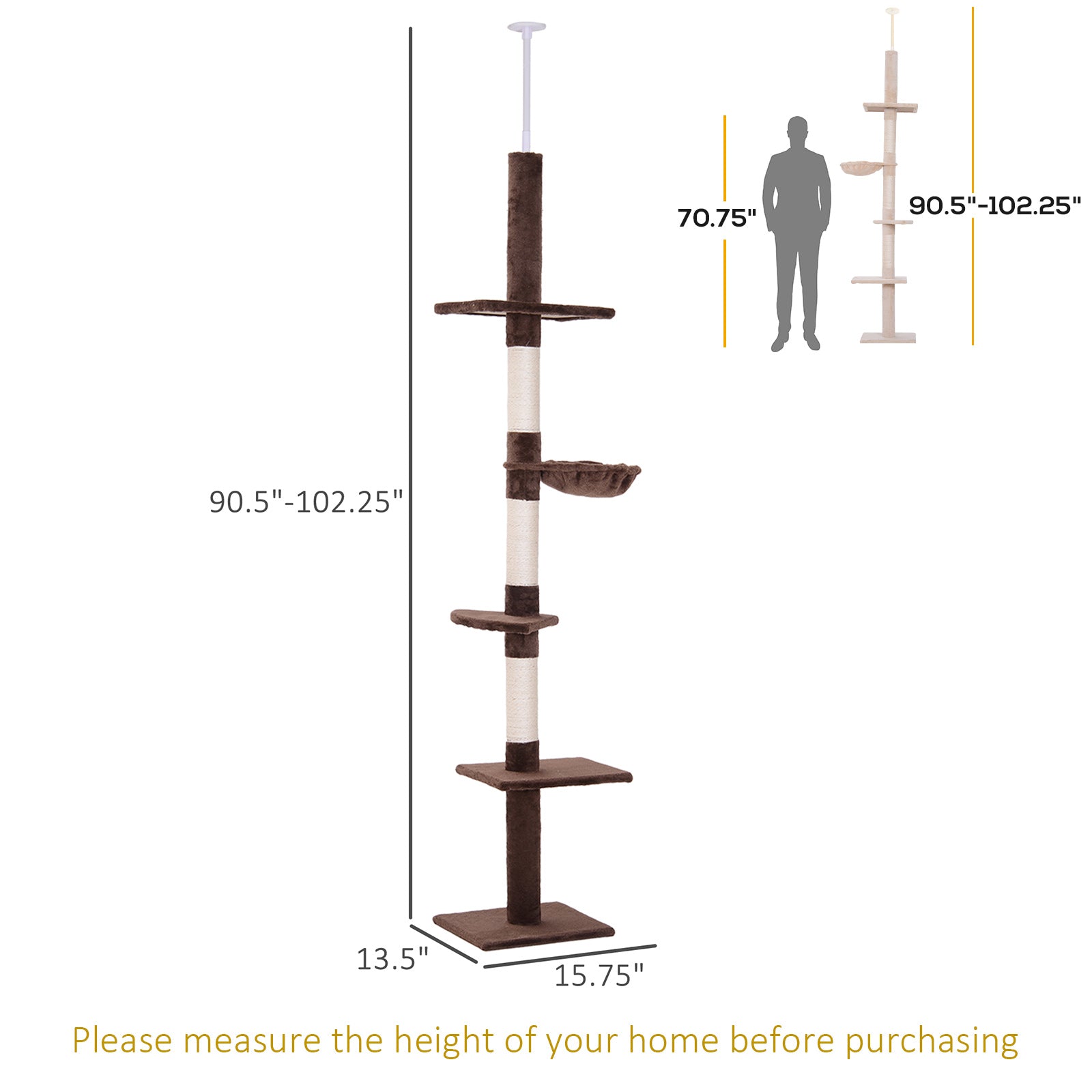 8.5ft Cat Climbing Tree 5-Tier Kitty Activity Center with Scratching Post Brown and White