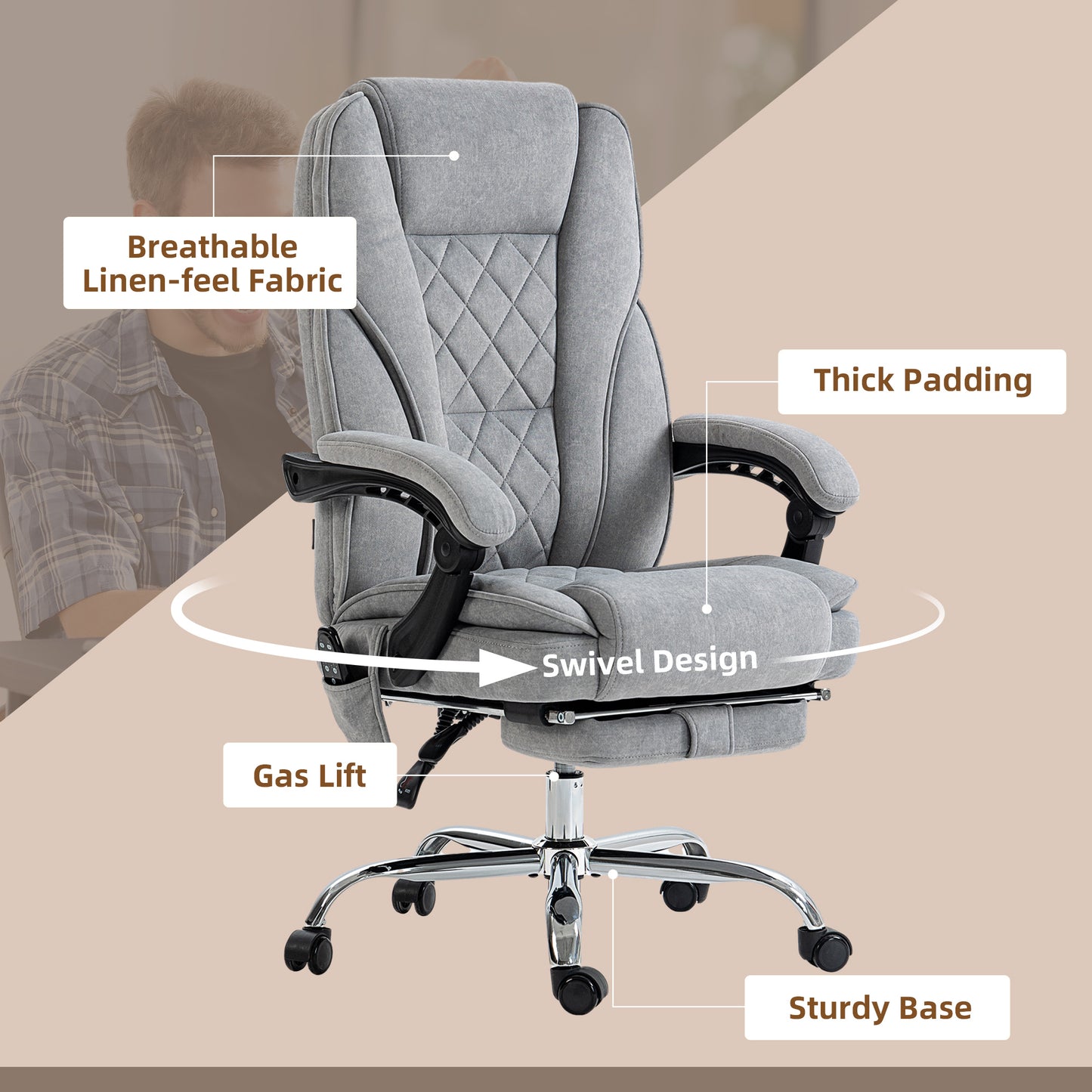 Massage Office Chair, Reclining Computer Chair with Adjustable Height and Footrest, Grey