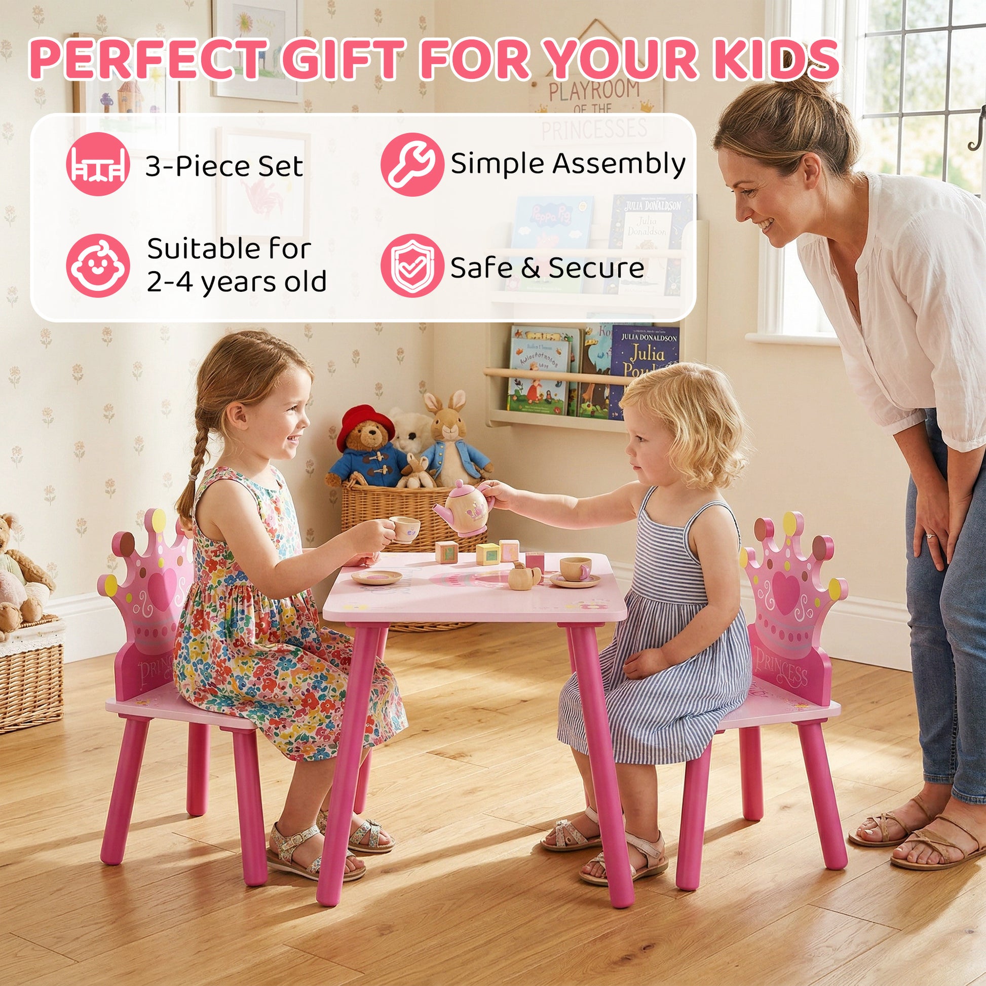 Qaba 3-Piece Set Kids Wooden Table Chair with Crown Pattern Easy to Clean Gift for Girls Toddlers Age 2-4 Years Old Pink