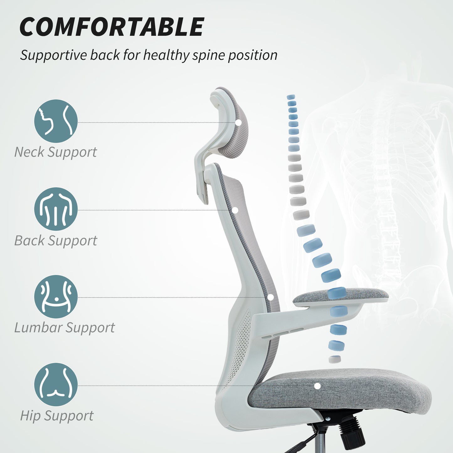 Ergonomic Office Chair, Swivel Desk Chair with Adjustable Lumbar Support, Headrest and Height, Flip-up Armrests, Grey