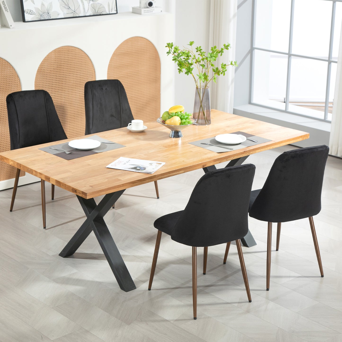 Upholstered Dining Chairs Set of 4, Velvet Accent Chair with Back and Wood-grain Steel Leg for Kitchen, Black