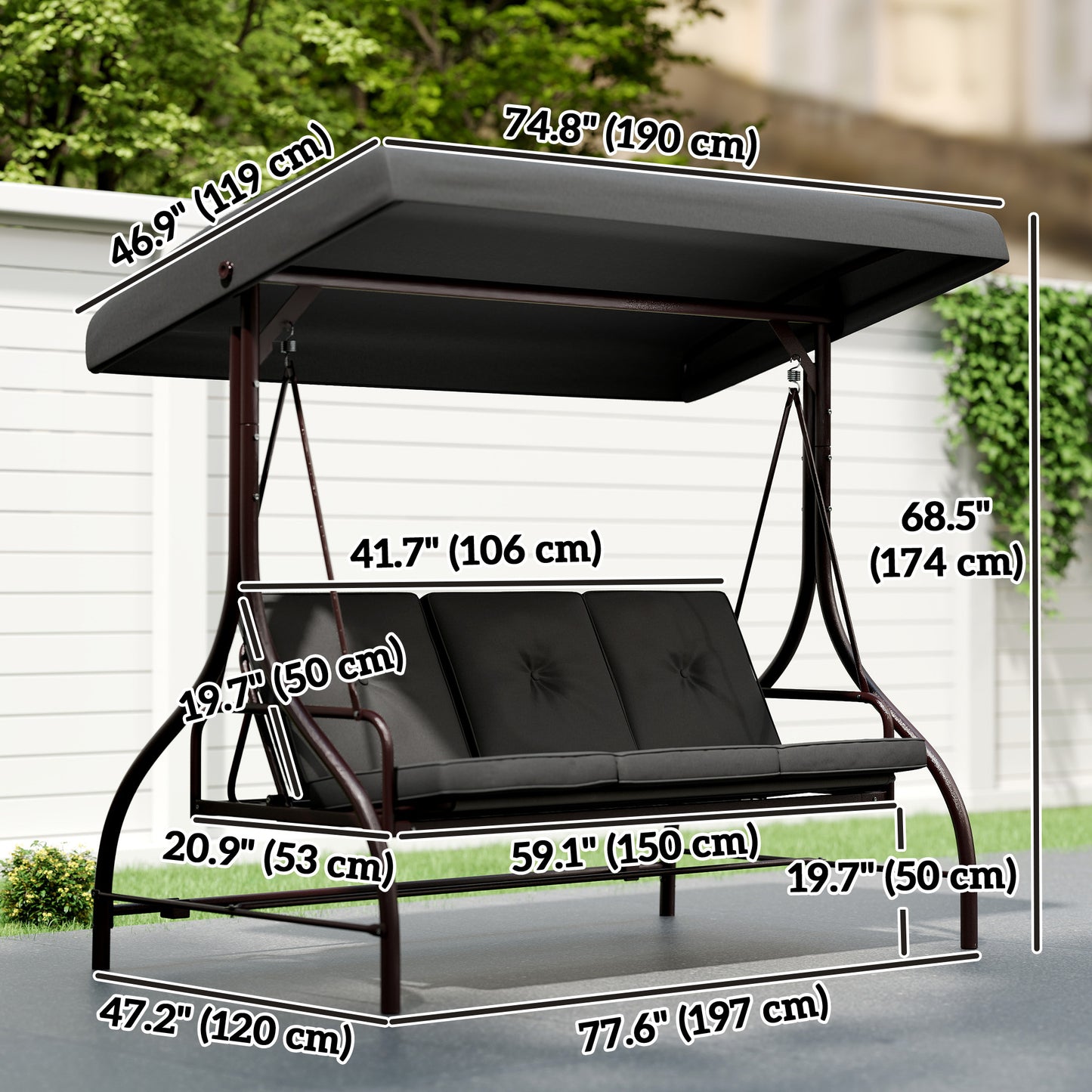 Convertible Patio Swing Bed with Canopy and Cushions, 3 Seater Porch Swing for Outdoor, Backyard, Garden, Dark Grey