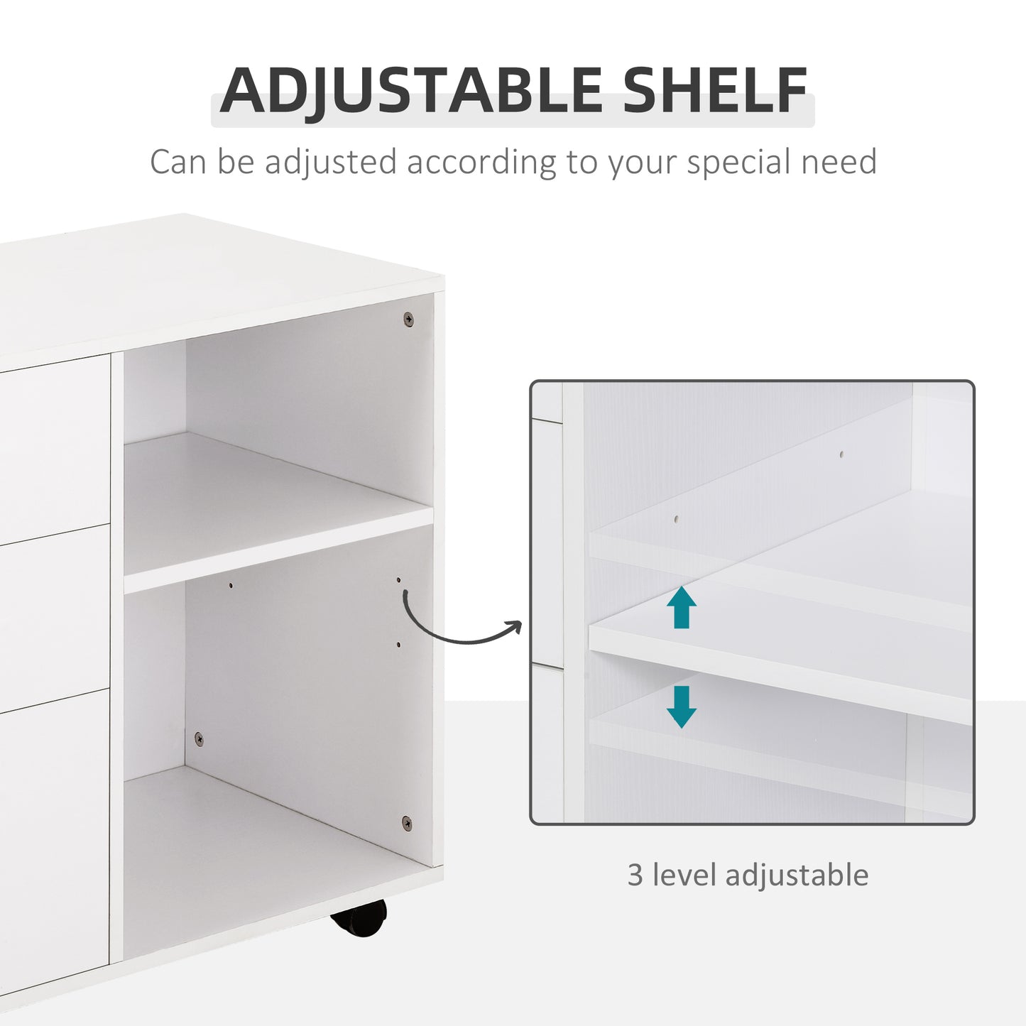 Modern Lateral Filing Cabinet, 3 Drawer File Cabinet for Letter and A4 Size Documents, Mobile, Printer Stand with Open Shelves, Rolling Wheels, White