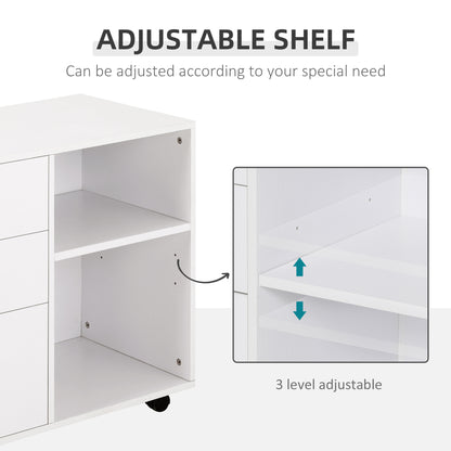Modern Lateral Filing Cabinet, 3 Drawer File Cabinet for Letter and A4 Size Documents, Mobile, Printer Stand with Open Shelves, Rolling Wheels, White
