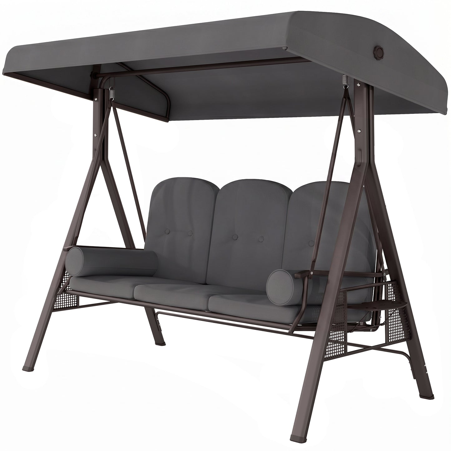 Outdoor Patio 3-Person Steel Canopy Cushioned Seat Bench Swing with Included Side Trays & Padded Comfort, Dark Grey