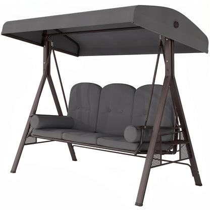 Outdoor Patio 3-Person Steel Canopy Cushioned Seat Bench Swing with Included Side Trays & Padded Comfort, Dark Grey
