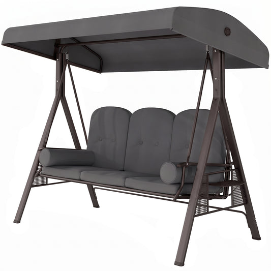 Outdoor Patio 3-Person Steel Canopy Cushioned Seat Bench Swing with Included Side Trays & Padded Comfort, Dark Grey