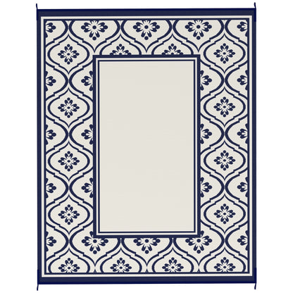 8' x 10' Outdoor RV Rug, Reversible Patio Floor Mat with Carry Bag, Gourd Border, Blue and White