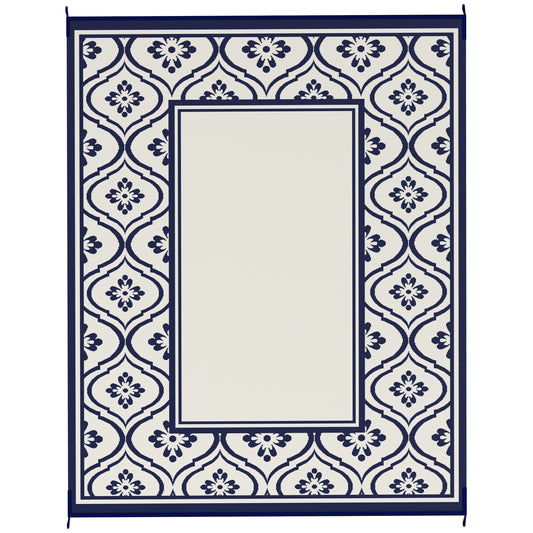 8' x 10' Outdoor RV Rug, Reversible Patio Floor Mat with Carry Bag, Gourd Border, Blue and White