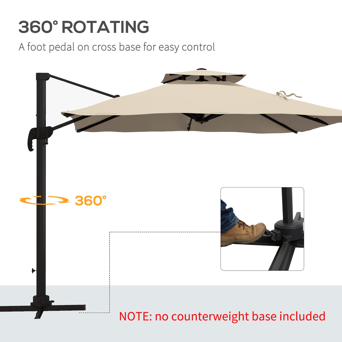 10ft Square Cantilever Patio Umbrella, 360° Rotating Overhanging Umbrella with Cross Base, Crank Handle, Khaki
