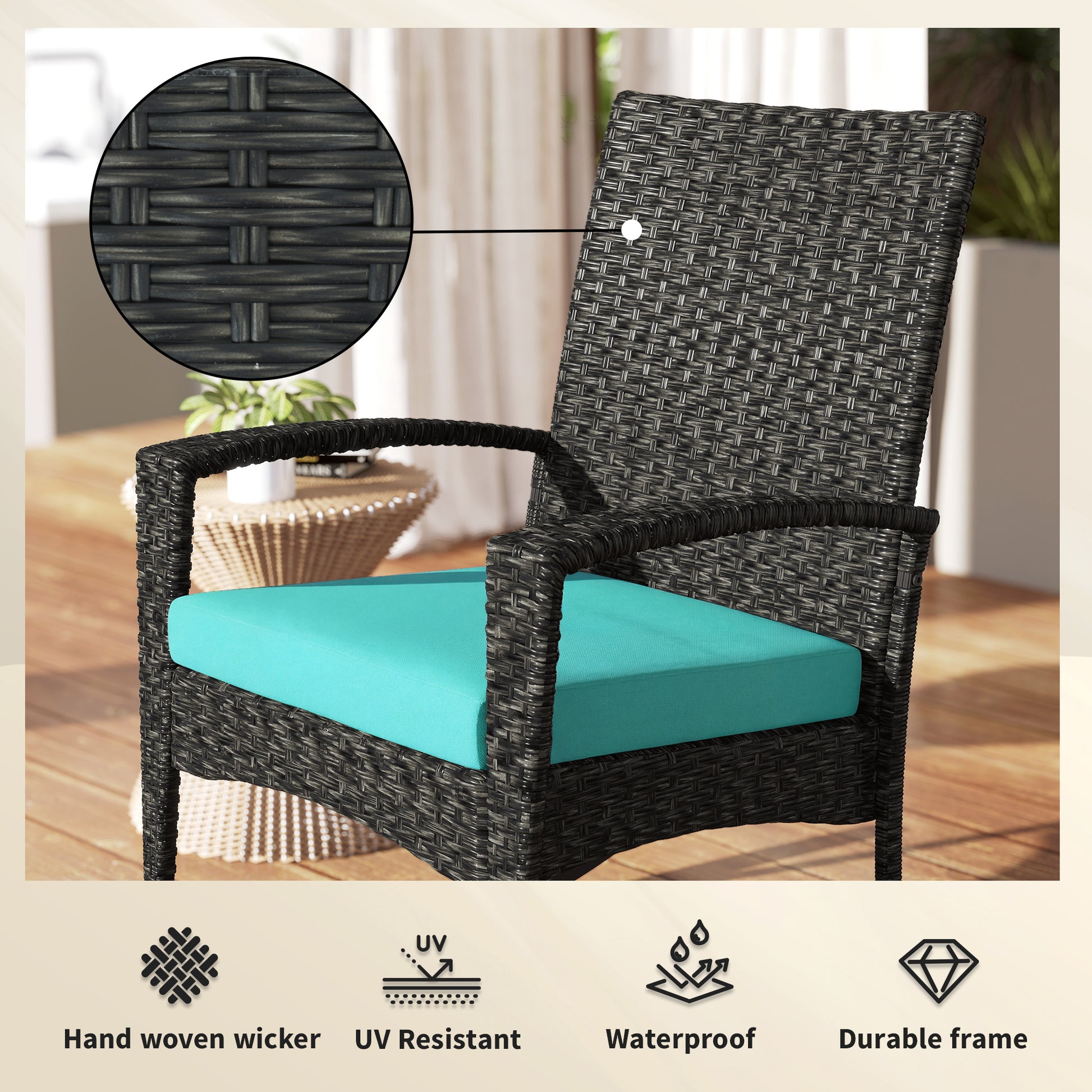 Outdoor Rocking Chair, Patio Wicker Chair Removable Cushion, High Back and Armrests for Porch Balcony, Turquoise
