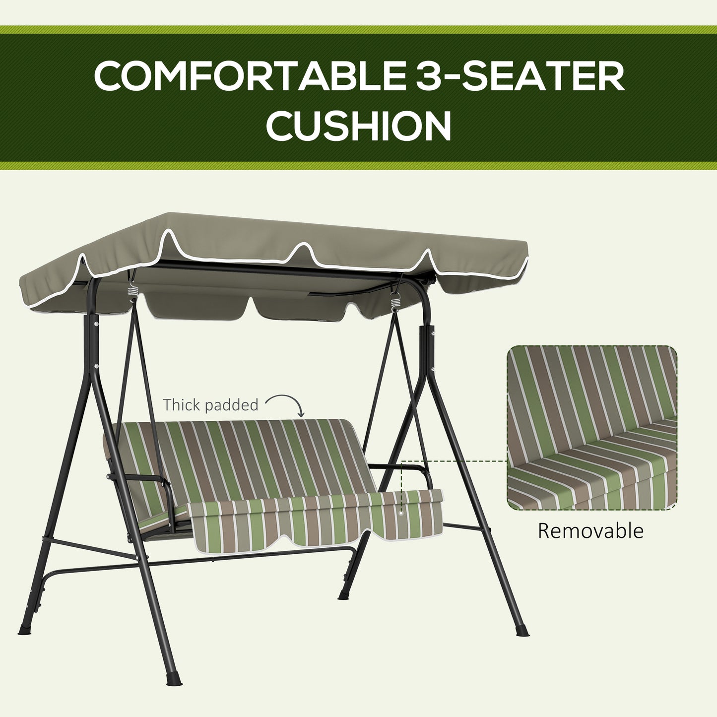 3-Seater Outdoor Porch Swing with Adjustable Canopy, Patio Swing Chair for Garden, Poolside, Backyard, Green and Brown
