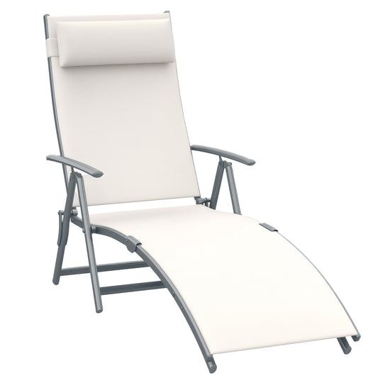 Heavy-duty Adjustable Folding Reclining Chair Outdoor Sun Lounger Patio Chaise Lounge Garden Beach Gravity Lounge with Pillow, 7 Adjustable Backrest Positions, Cream