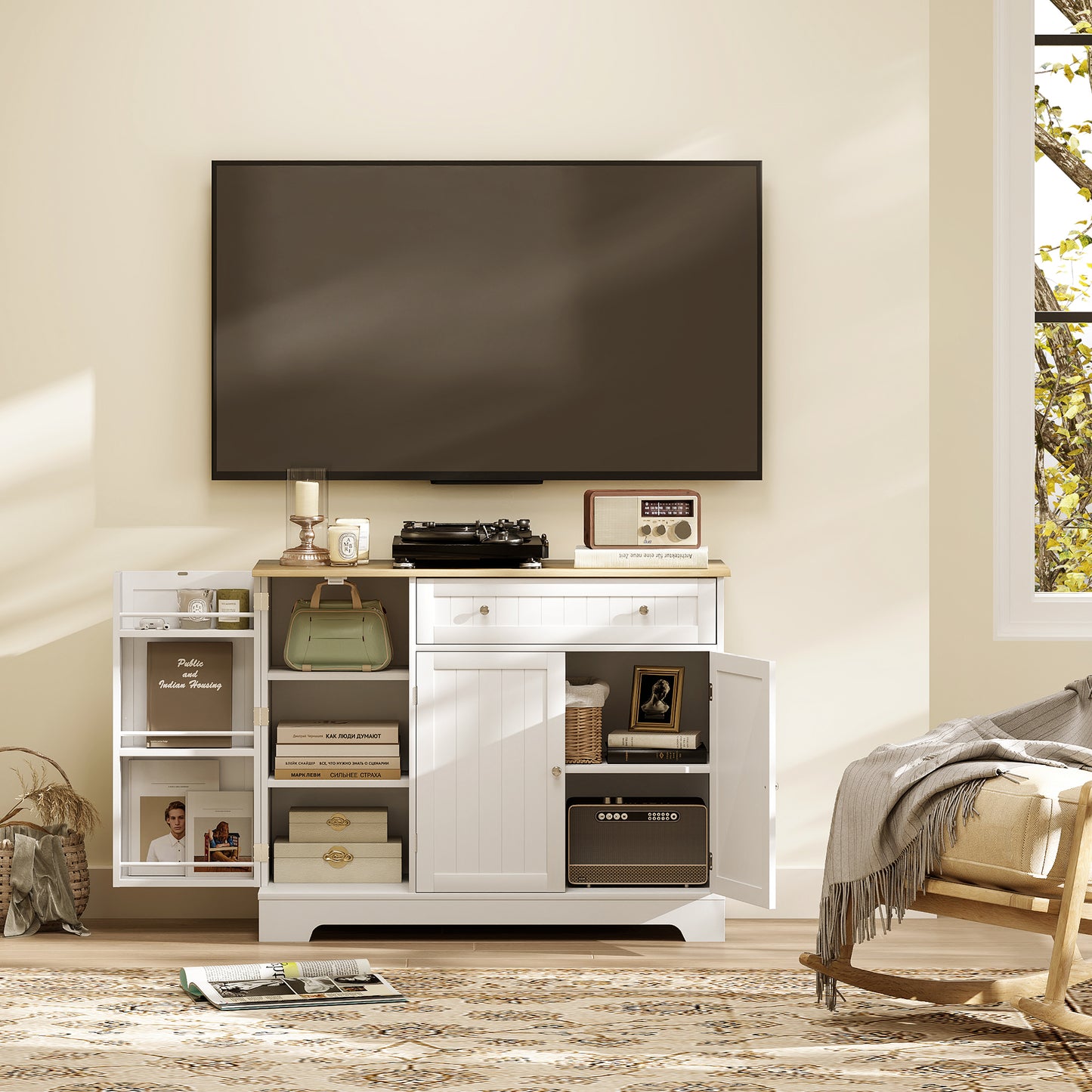 Modern Sideboard Cabinet, 41" Kitchen Buffet Cabinet with Drawer, Adjustable Shelf, 3 Doors for Dining Room, White