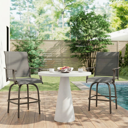 Outdoor Bar Stools Set of 2, Swivel Bar Height Chairs with High Back, Curved Armrests and Steel Frame, Black