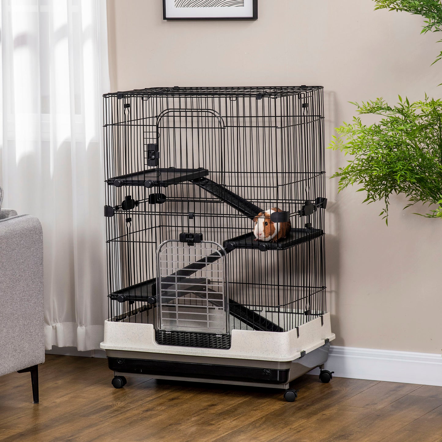 45"H Guinea Pig Cage, 4-Level Rabbit Cage for Ferret, Chinchilla, Hedghog, Bunny, Small Animal Habitat with Wheels, Slide-out Tray, Ramp, Black