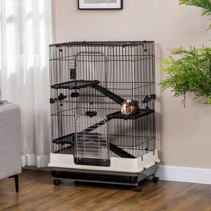 45"H Guinea Pig Cage, 4-Level Rabbit Cage for Ferret, Chinchilla, Hedghog, Bunny, Small Animal Habitat with Wheels, Slide-out Tray, Ramp, Black