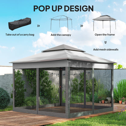 11' x 11' Pop Up Canopy 2-Tier Soft Top Shelter Event Tent w/ Netting Carry Bag for Patio Backyard Garden, Mixed Grey
